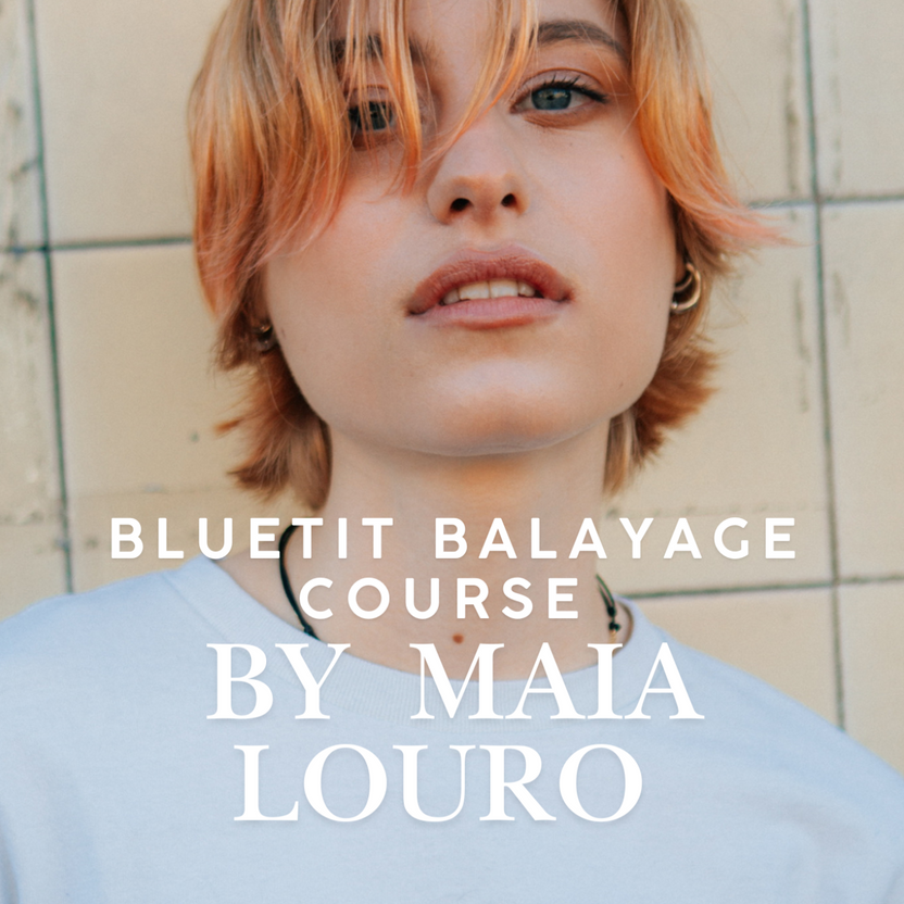 Person with short hair wearing a light blue shirt against a tiled wall, with text about a Bluetit Balayage course by Maia Louro.