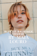 Person with short hair wearing a light blue shirt against a tiled wall, with text about a Bluetit Balayage course by Maia Louro.