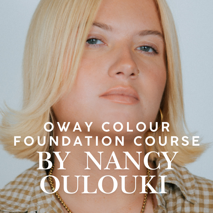 Advertisement for Oway Colour Foundation Course by Nancy Oulouki with a person in a checkered shirt.