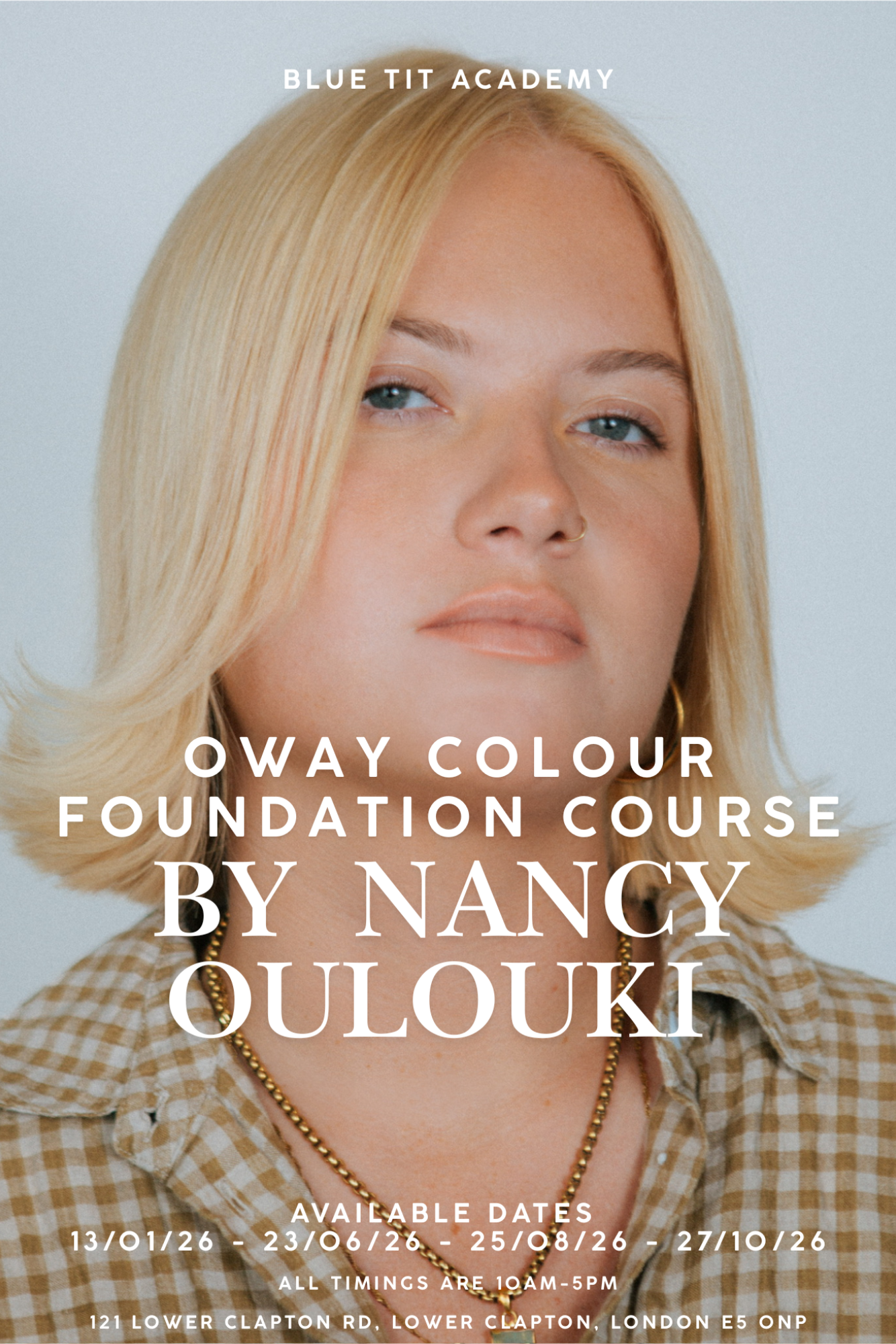 Advertisement for Oway Colour Foundation Course by Nancy Oulouki with a person in a checkered shirt.
