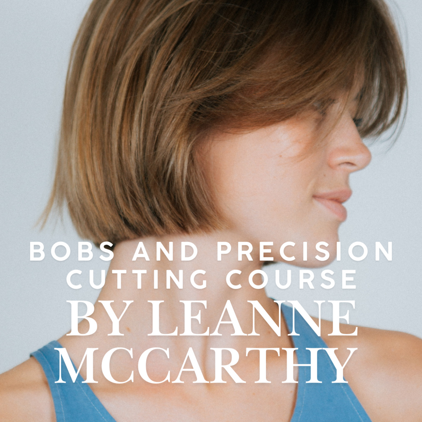 Advertisement for a hair cutting course by Leanne McCarthy with a model wearing a blue tank top.