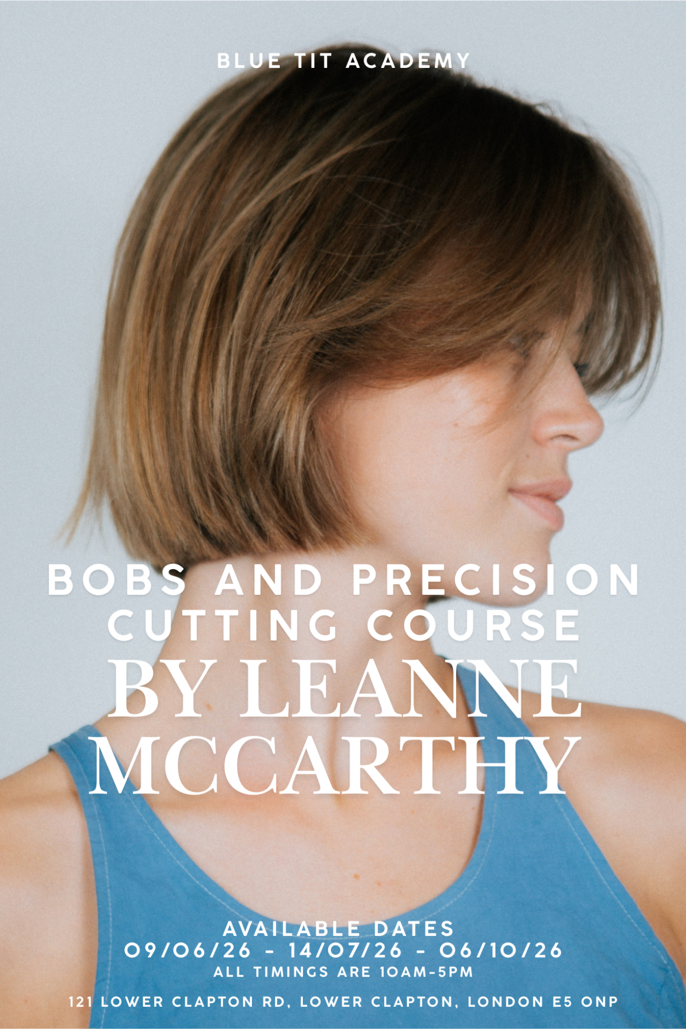 Advertisement for a hair cutting course by Leanne McCarthy with a model wearing a blue tank top.